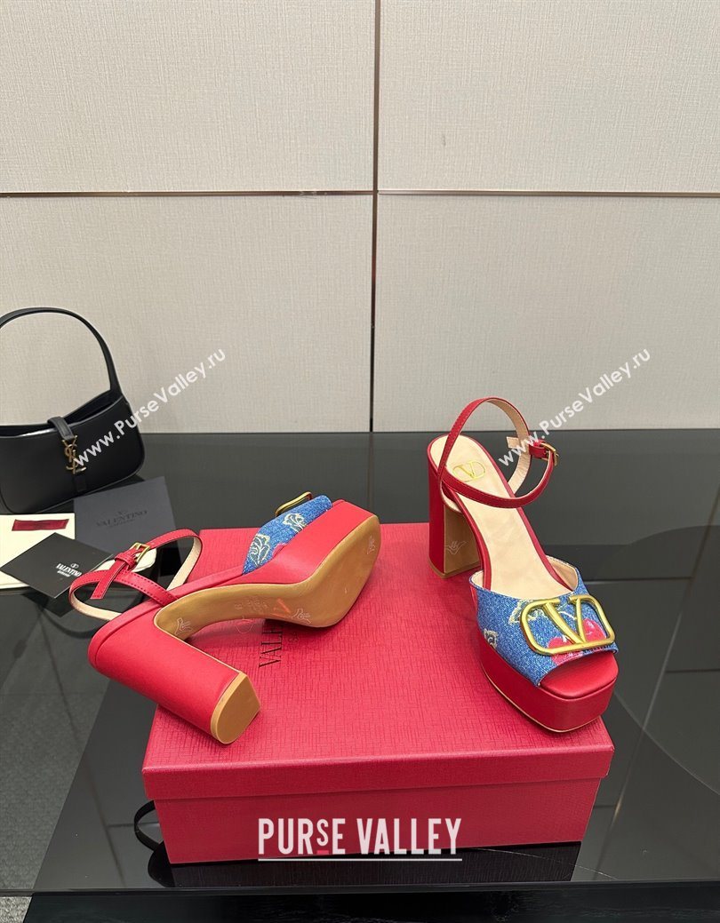 Valentino VLogo Signature Cherryfic Platform Sandals in Denim and Leather Blue/Red 2025 1028 (MD-251028005)