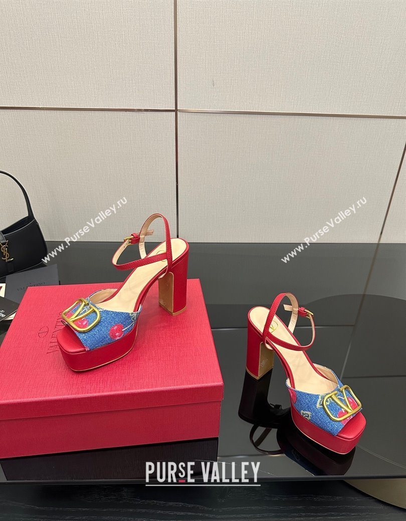 Valentino VLogo Signature Cherryfic Platform Sandals in Denim and Leather Blue/Red 2025 1028 (MD-251028005)