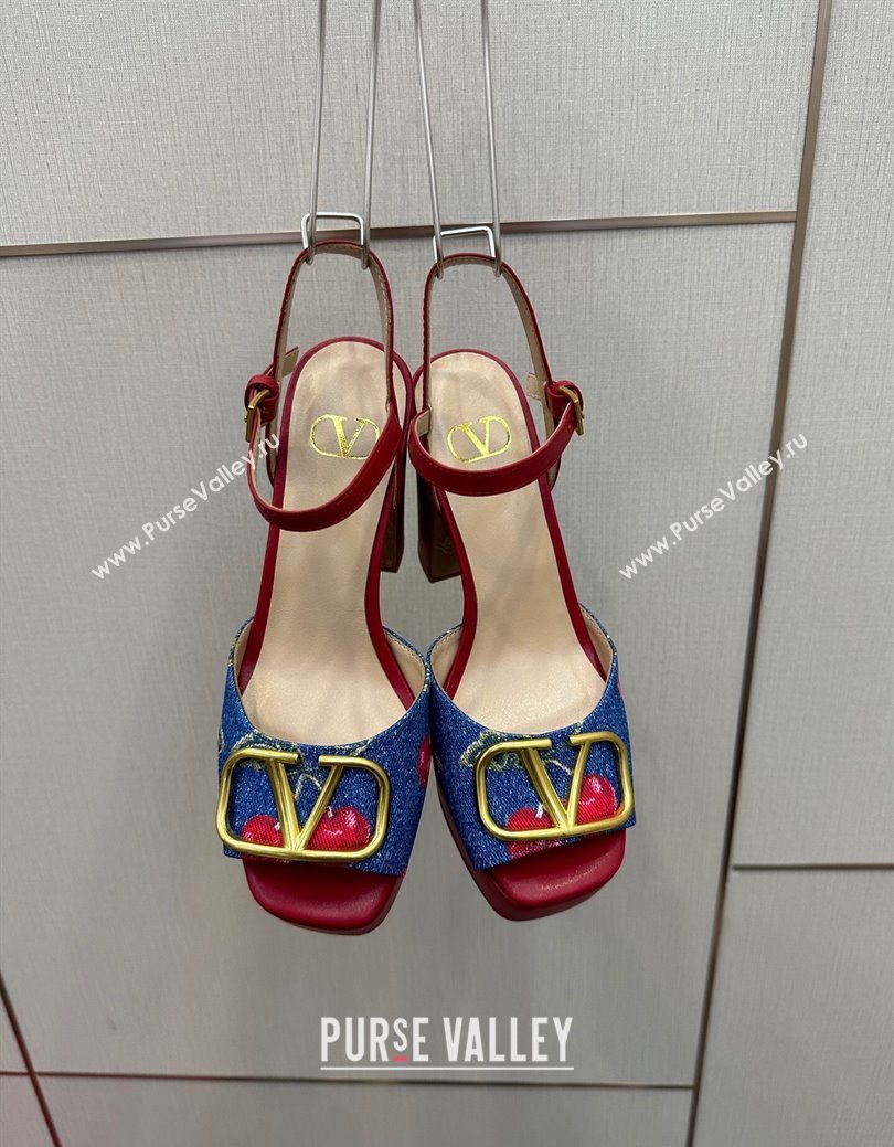 Valentino VLogo Signature Cherryfic Platform Sandals in Denim and Leather Blue/Red 2025 1028 (MD-251028005)
