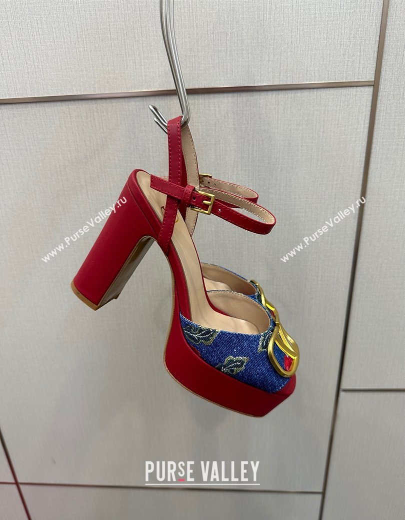 Valentino VLogo Signature Cherryfic Platform Sandals in Denim and Leather Blue/Red 2025 1028 (MD-251028005)