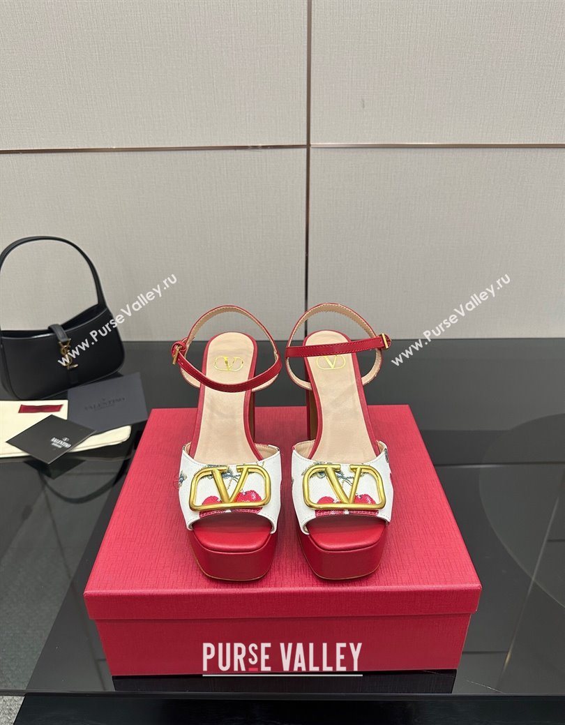 Valentino VLogo Signature Cherryfic Platform Sandals in Canvas and Leather White/Red 2025 1028 (MD-251028001)