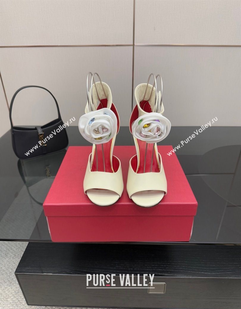 Valentino Drip Rose Heel Sandals 10.5cm in Calfskin Leather White 2025 (SS-251028007)