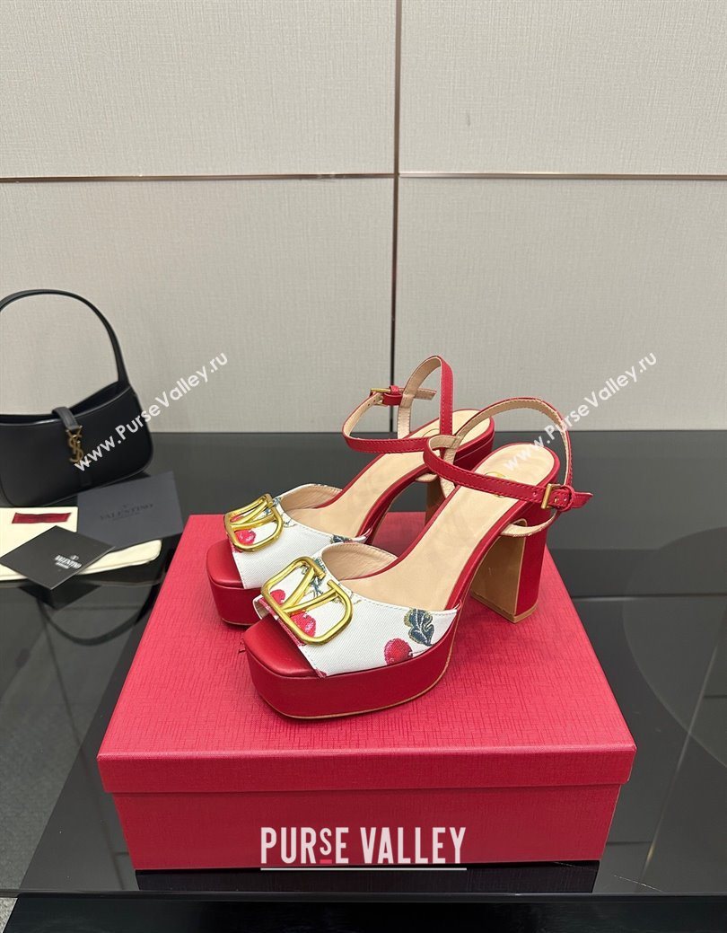 Valentino VLogo Signature Cherryfic Platform Sandals in Canvas and Leather White/Red 2025 1028 (MD-251028001)