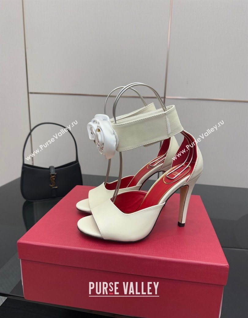 Valentino Drip Rose Heel Sandals 10.5cm in Calfskin Leather White 2025 (SS-251028007)