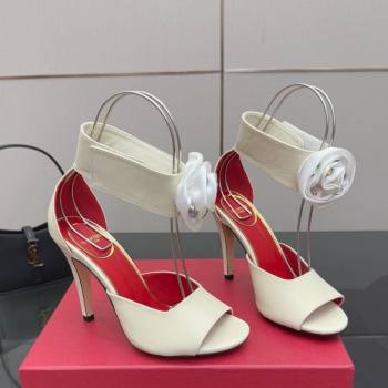 Valentino Drip Rose Heel Sandals 10.5cm in Calfskin Leather White 2025 (SS-251028007)