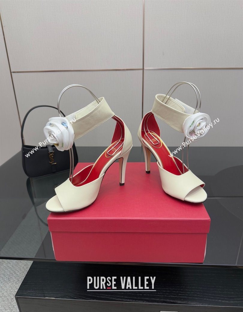 Valentino Drip Rose Heel Sandals 10.5cm in Calfskin Leather White 2025 (SS-251028007)