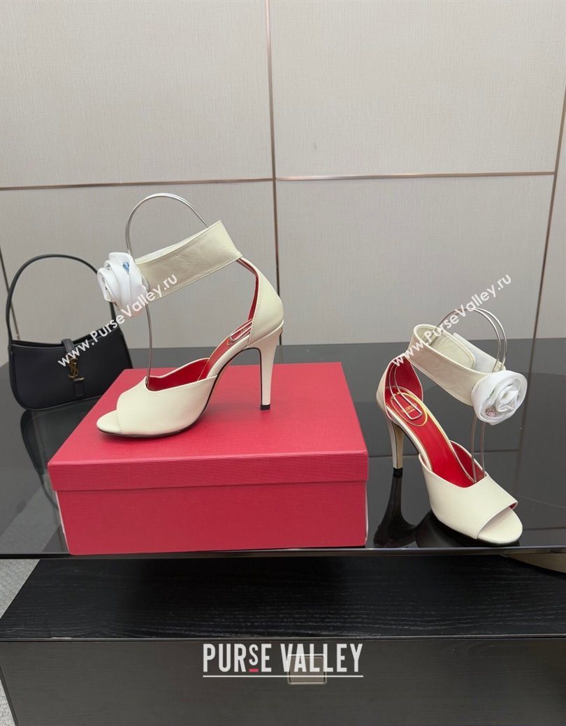 Valentino Drip Rose Heel Sandals 10.5cm in Calfskin Leather White 2025 (SS-251028007)
