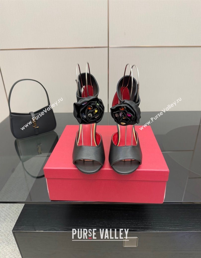 Valentino Drip Rose Heel Sandals 10.5cm in Calfskin Leather Black 2025 (SS-251028008)