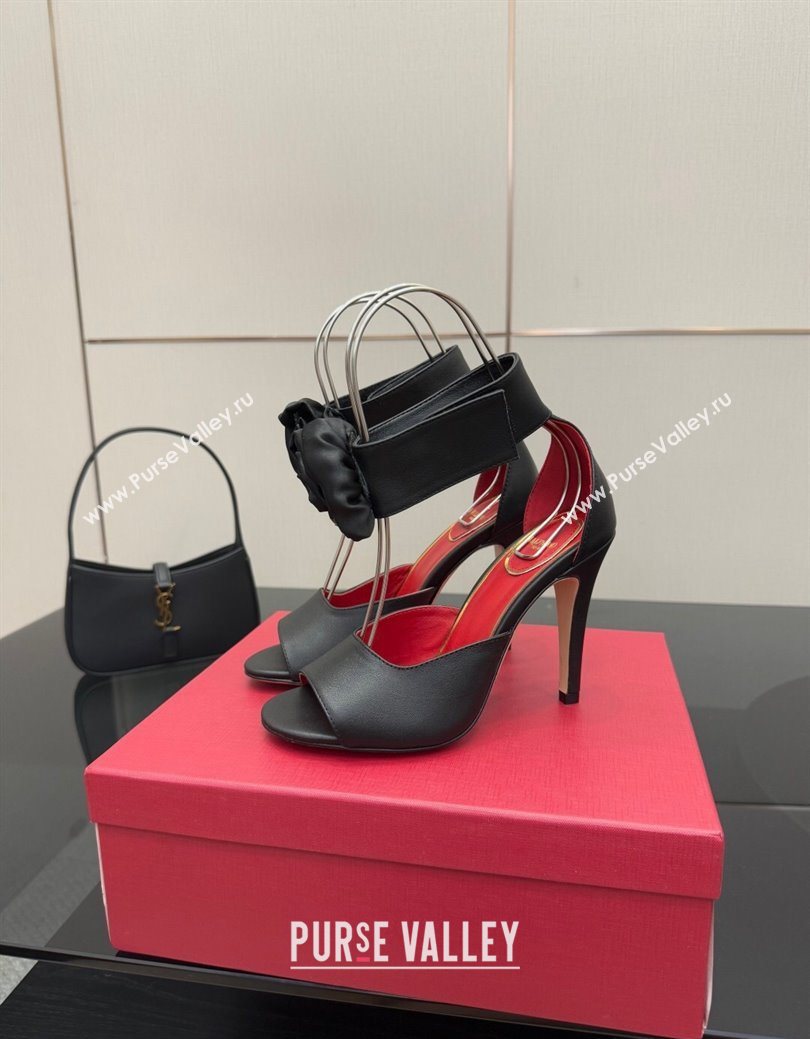 Valentino Drip Rose Heel Sandals 10.5cm in Calfskin Leather Black 2025 (SS-251028008)