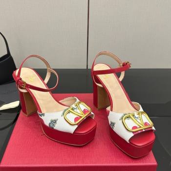 Valentino VLogo Signature Cherryfic Platform Sandals in Canvas and Leather White/Red 2025 1028 (MD-251028001)