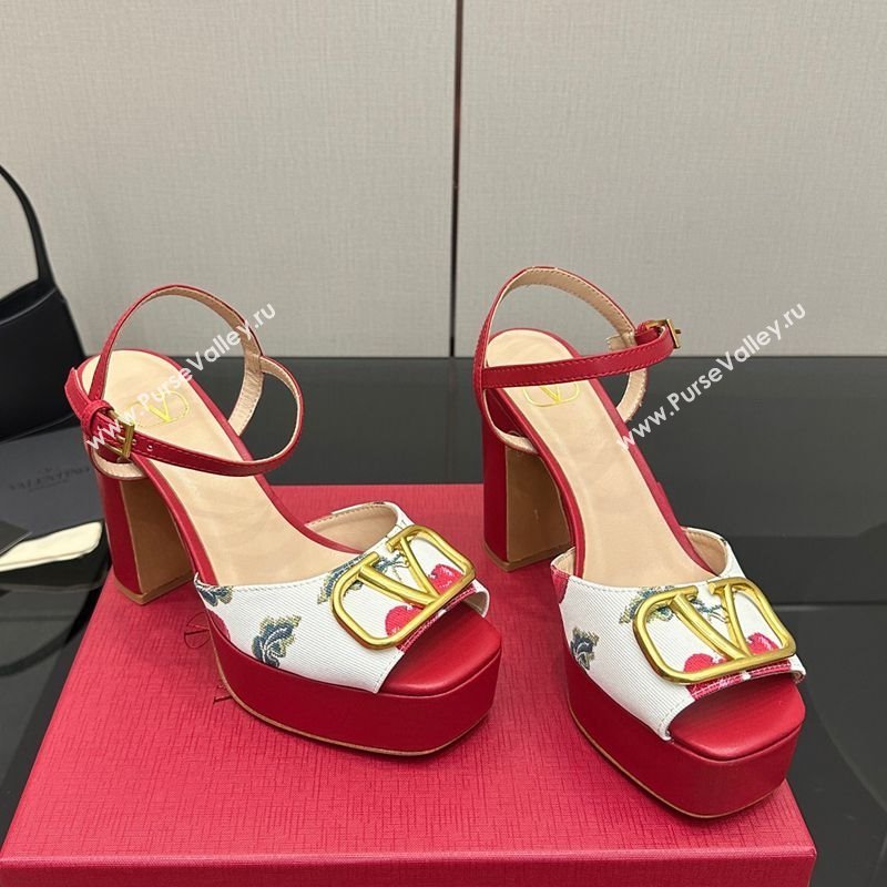Valentino VLogo Signature Cherryfic Platform Sandals in Canvas and Leather White/Red 2025 1028 (MD-251028001)