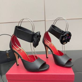 Valentino Drip Rose Heel Sandals 10.5cm in Calfskin Leather Black 2025 (SS-251028008)