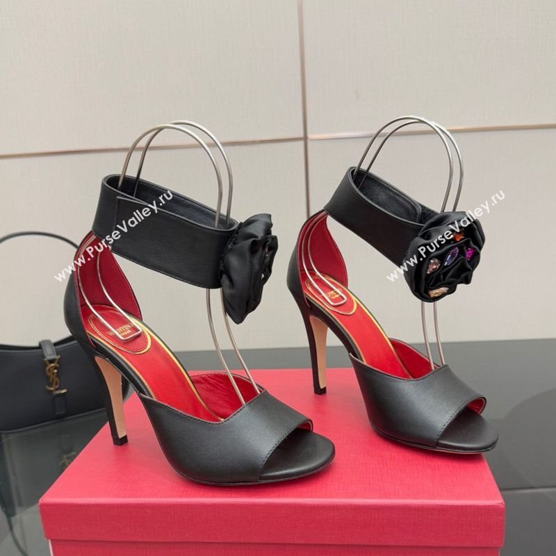 Valentino Drip Rose Heel Sandals 10.5cm in Calfskin Leather Black 2025 (SS-251028008)