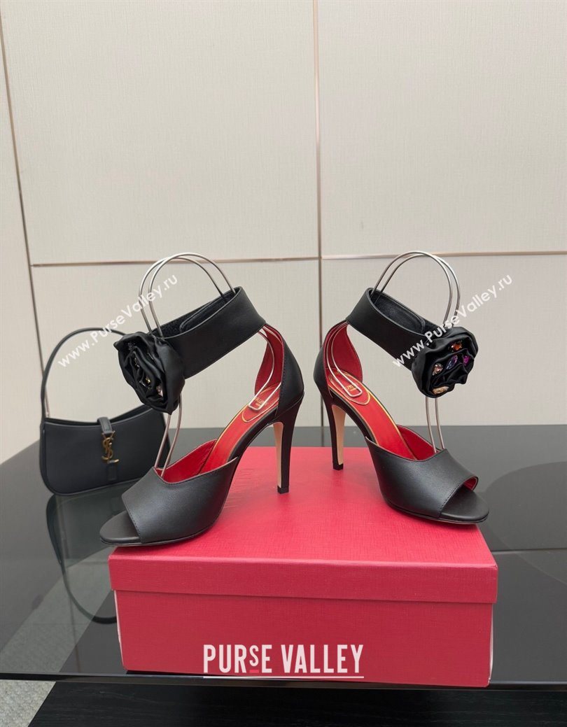 Valentino Drip Rose Heel Sandals 10.5cm in Calfskin Leather Black 2025 (SS-251028008)