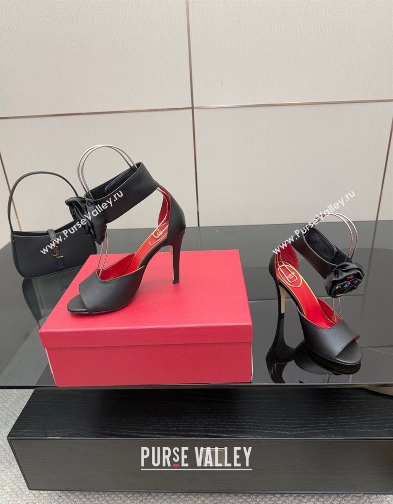 Valentino Drip Rose Heel Sandals 10.5cm in Calfskin Leather Black 2025 (SS-251028008)