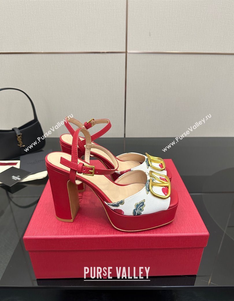 Valentino VLogo Signature Cherryfic Platform Sandals in Canvas and Leather White/Red 2025 1028 (MD-251028001)