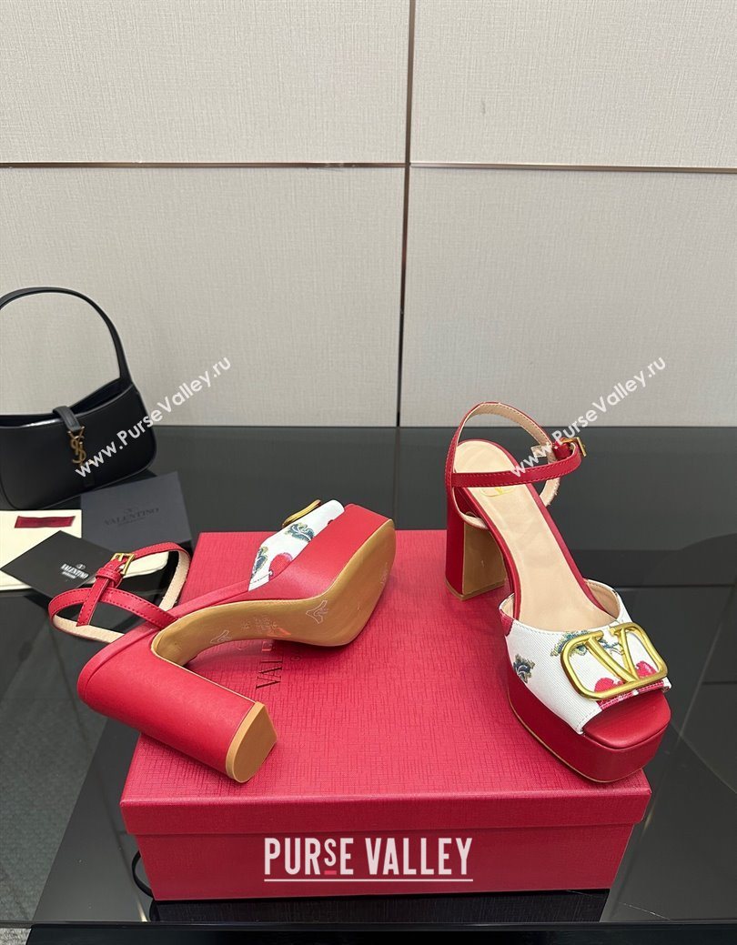 Valentino VLogo Signature Cherryfic Platform Sandals in Canvas and Leather White/Red 2025 1028 (MD-251028001)