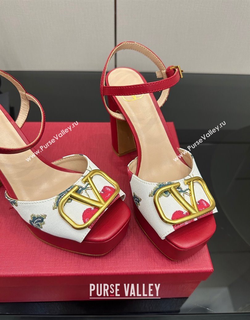 Valentino VLogo Signature Cherryfic Platform Sandals in Canvas and Leather White/Red 2025 1028 (MD-251028001)