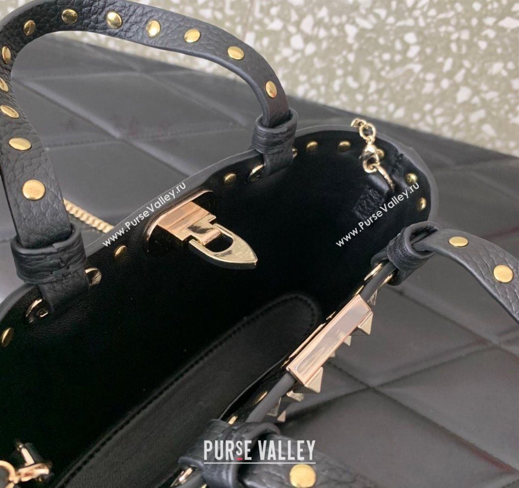 Valentino Rockstud Mini Shopping Bag In Grainy Calfskin Leather Black/Gold 2025 0366S (LKF-251121025)