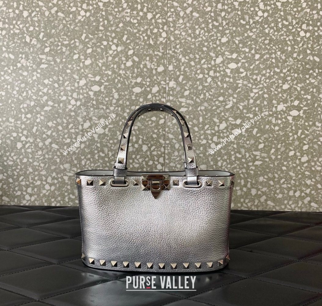 Valentino Rockstud Mini Shopping Bag In Metallic Grainy Calfskin Leather Silver 2025 0366S (LKF-251121026)