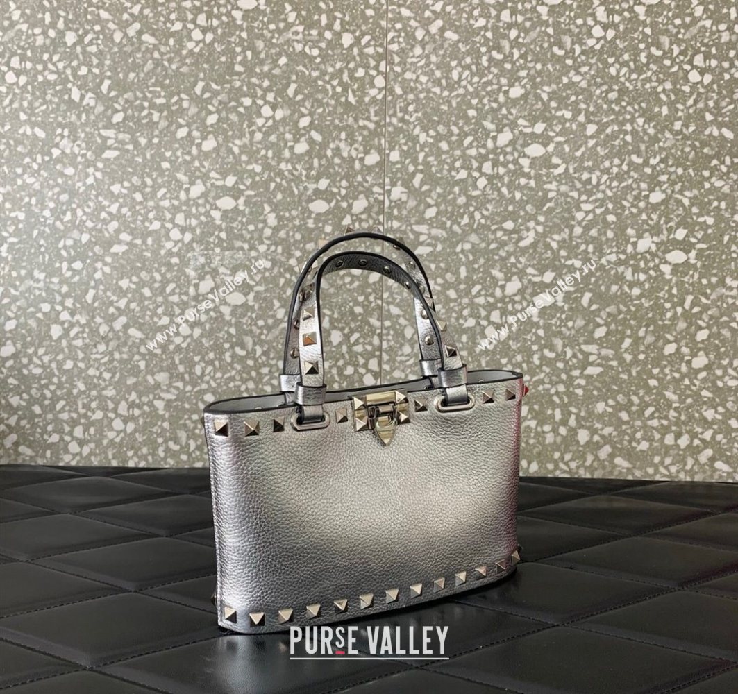 Valentino Rockstud Mini Shopping Bag In Metallic Grainy Calfskin Leather Silver 2025 0366S (LKF-251121026)