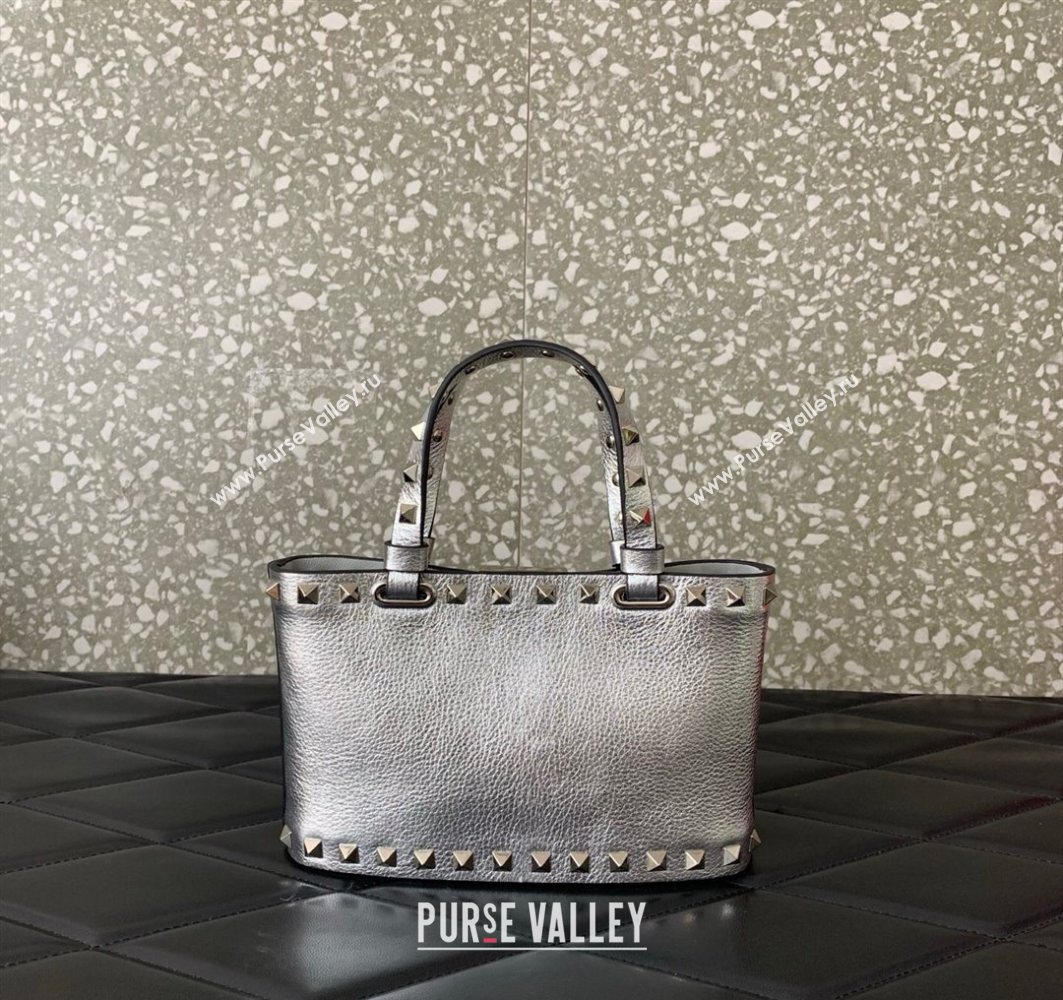 Valentino Rockstud Mini Shopping Bag In Metallic Grainy Calfskin Leather Silver 2025 0366S (LKF-251121026)