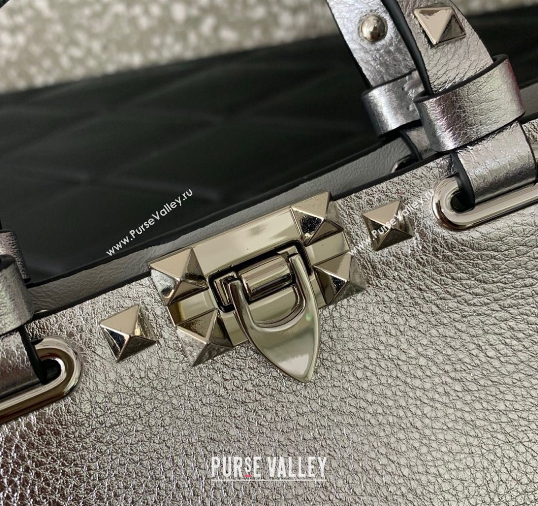 Valentino Rockstud Mini Shopping Bag In Metallic Grainy Calfskin Leather Silver 2025 0366S (LKF-251121026)