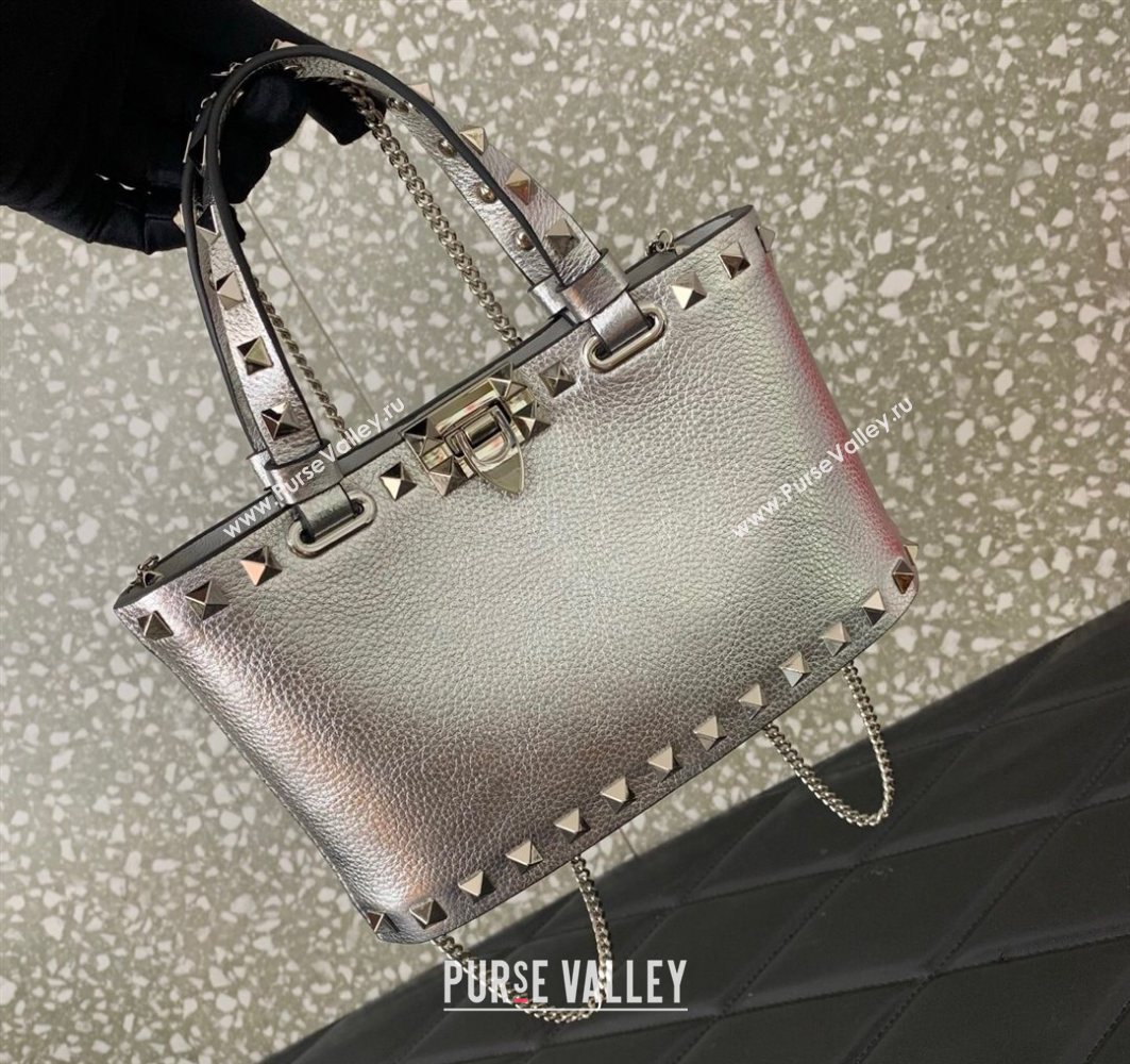 Valentino Rockstud Mini Shopping Bag In Metallic Grainy Calfskin Leather Silver 2025 0366S (LKF-251121026)