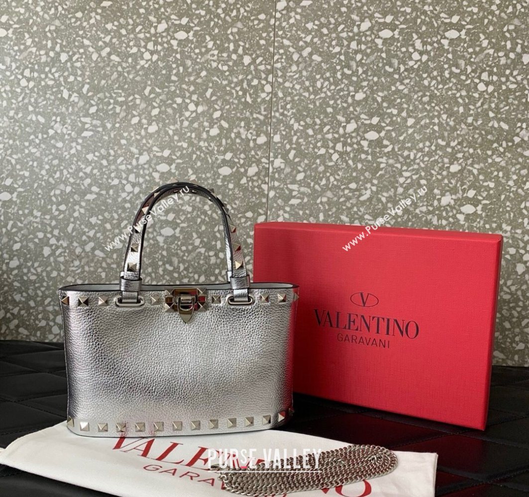 Valentino Rockstud Mini Shopping Bag In Metallic Grainy Calfskin Leather Silver 2025 0366S (LKF-251121026)
