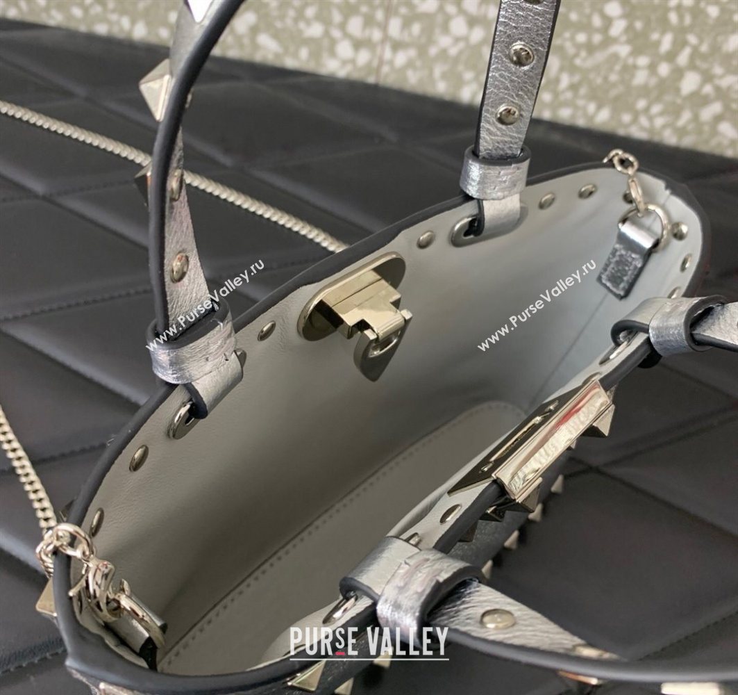 Valentino Rockstud Mini Shopping Bag In Metallic Grainy Calfskin Leather Silver 2025 0366S (LKF-251121026)