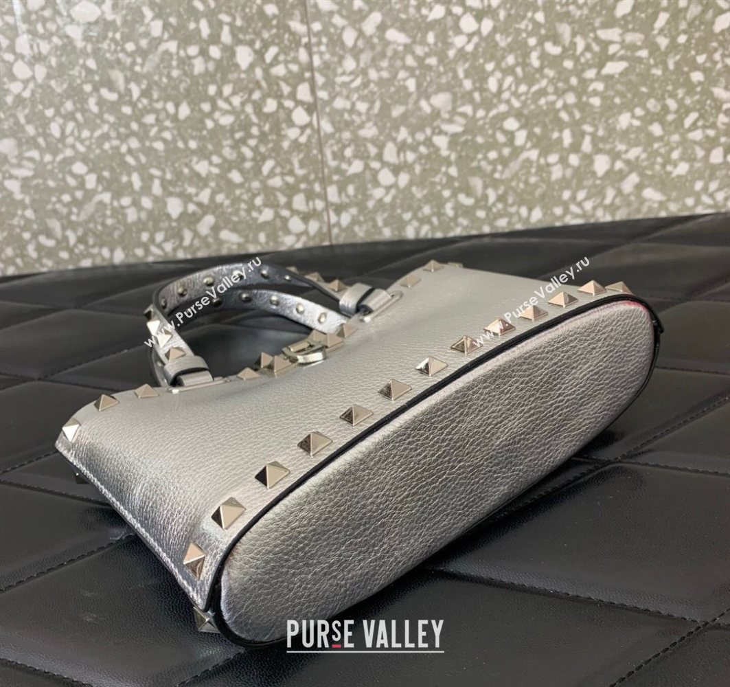 Valentino Rockstud Mini Shopping Bag In Metallic Grainy Calfskin Leather Silver 2025 0366S (LKF-251121026)