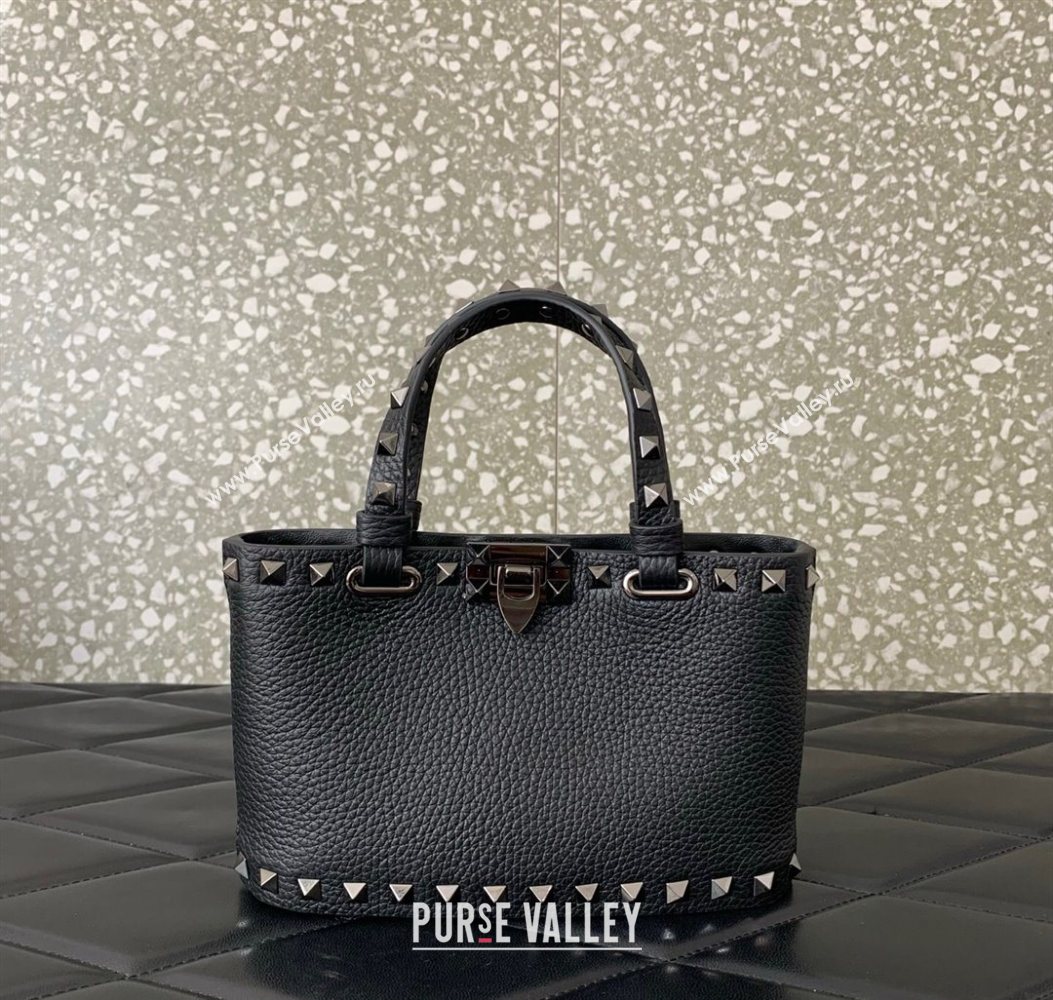 Valentino Rockstud Mini Shopping Bag In Grainy Calfskin Leather Black/Silver 2025 0366S (LKF-251121028)