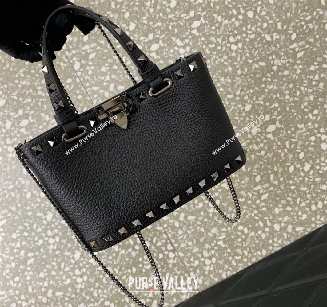 Valentino Rockstud Mini Shopping Bag In Grainy Calfskin Leather Black/Silver 2025 0366S (LKF-251121028)
