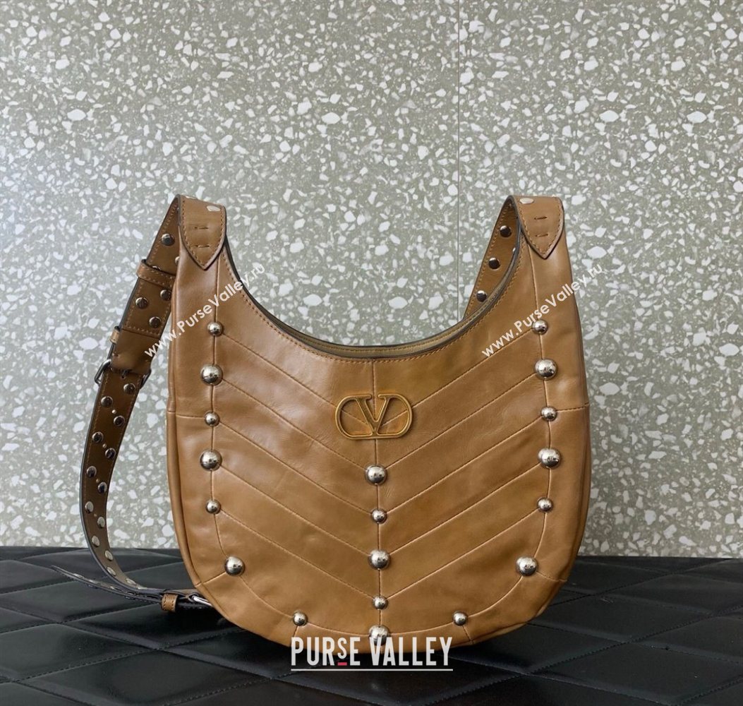 Valentino Hoboho Small Hobo Bag In Chevron-Patterned Nappa Leather with Studs Brown 2025 0073S (LKF-251121032)