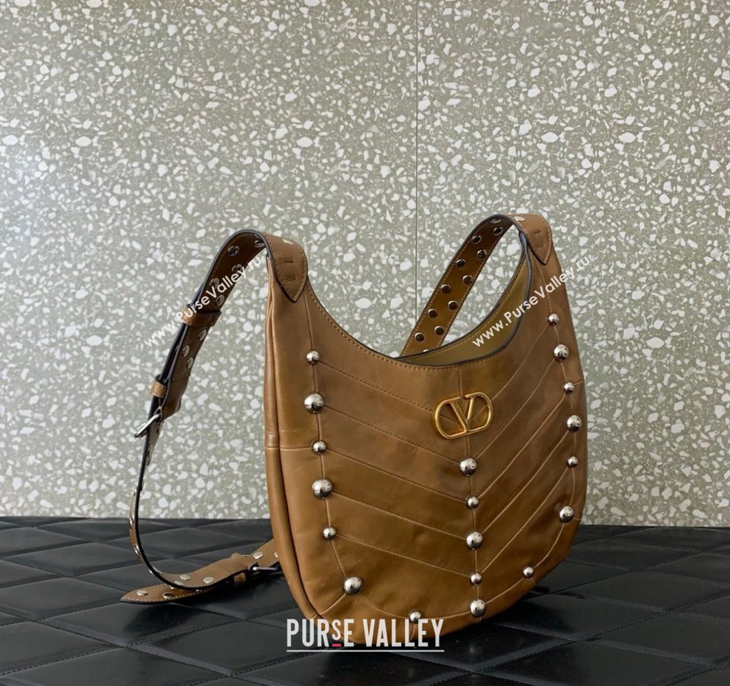 Valentino Hoboho Small Hobo Bag In Chevron-Patterned Nappa Leather with Studs Brown 2025 0073S (LKF-251121032)