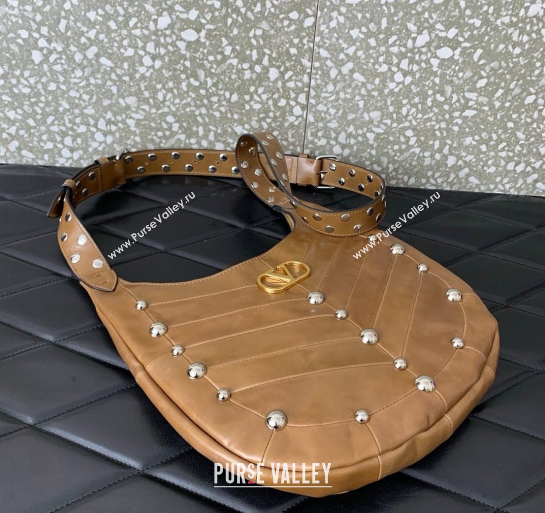 Valentino Hoboho Small Hobo Bag In Chevron-Patterned Nappa Leather with Studs Brown 2025 0073S (LKF-251121032)