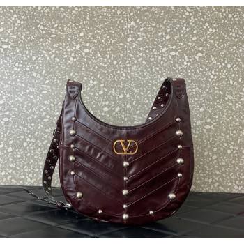 Valentino Hoboho Small Hobo Bag In Chevron-Patterned Nappa Leather with Studs Burgundy 2025 0073S (LKF-251121033)