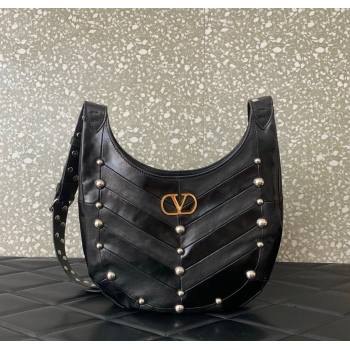 Valentino Hoboho Small Hobo Bag In Chevron-Patterned Nappa Leather with Studs Black 2025 0073S (LKF-251121034)