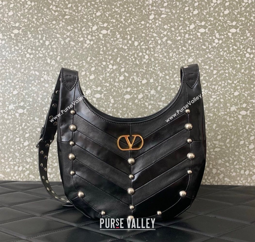 Valentino Hoboho Small Hobo Bag In Chevron-Patterned Nappa Leather with Studs Black 2025 0073S (LKF-251121034)