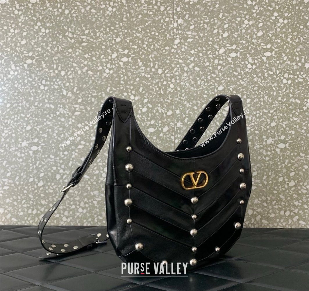 Valentino Hoboho Small Hobo Bag In Chevron-Patterned Nappa Leather with Studs Black 2025 0073S (LKF-251121034)