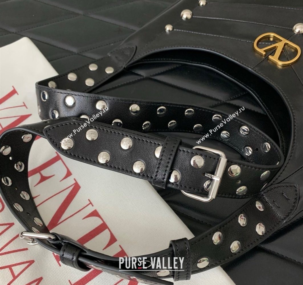 Valentino Hoboho Small Hobo Bag In Chevron-Patterned Nappa Leather with Studs Black 2025 0073S (LKF-251121034)