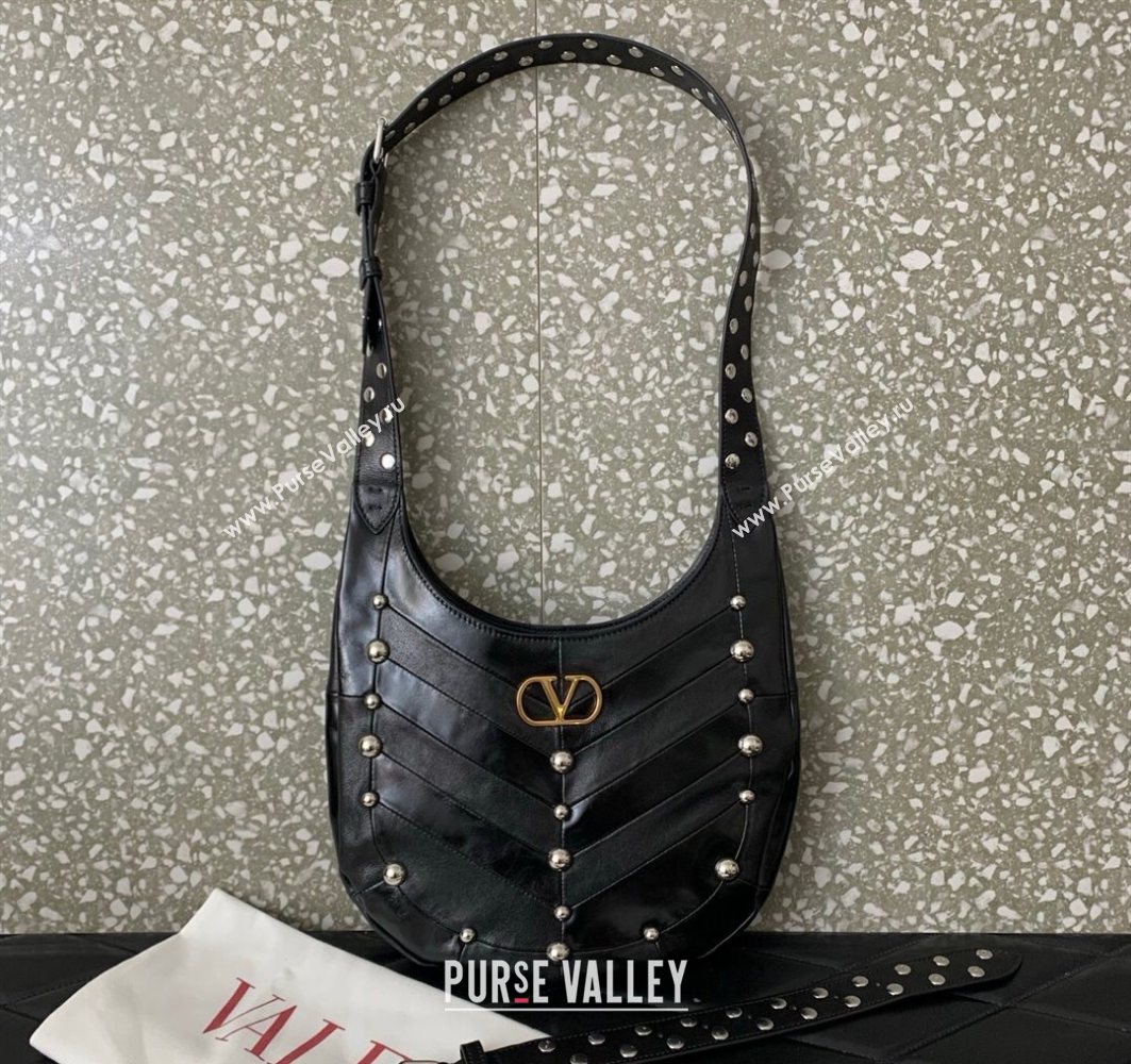 Valentino Hoboho Small Hobo Bag In Chevron-Patterned Nappa Leather with Studs Black 2025 0073S (LKF-251121034)