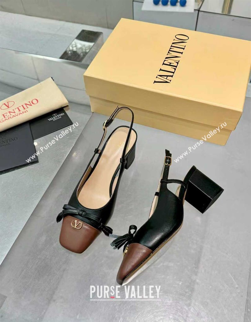 Valentino VALET DU ROI Slingbacks Pump 6cm in Calfskin Leather with Tassel Bow Black/Brown 2025 (XL-251215039)