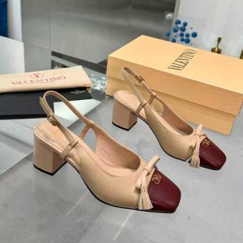 Valentino VALET DU ROI Slingbacks Pump 6cm in Calfskin Leather with Tassel Bow Beige/Dark Burgundy 2025 (XL-251215037)