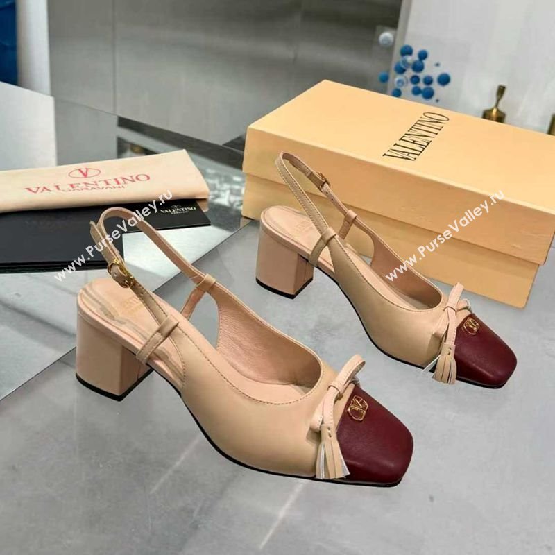 Valentino VALET DU ROI Slingbacks Pump 6cm in Calfskin Leather with Tassel Bow Beige/Dark Burgundy 2025 (XL-251215037)