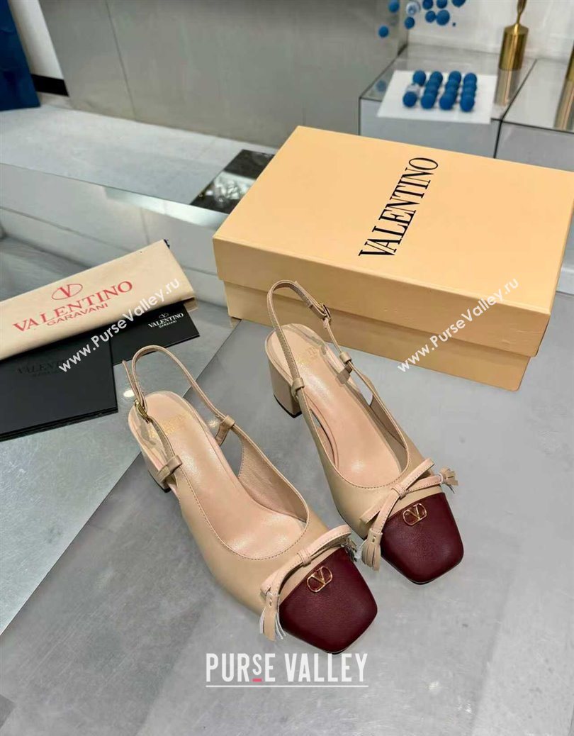 Valentino VALET DU ROI Slingbacks Pump 6cm in Calfskin Leather with Tassel Bow Beige/Dark Burgundy 2025 (XL-251215037)