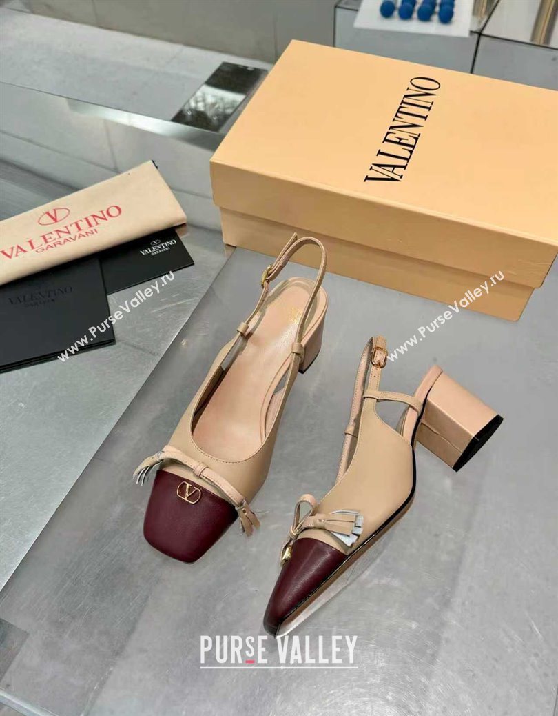 Valentino VALET DU ROI Slingbacks Pump 6cm in Calfskin Leather with Tassel Bow Beige/Dark Burgundy 2025 (XL-251215037)