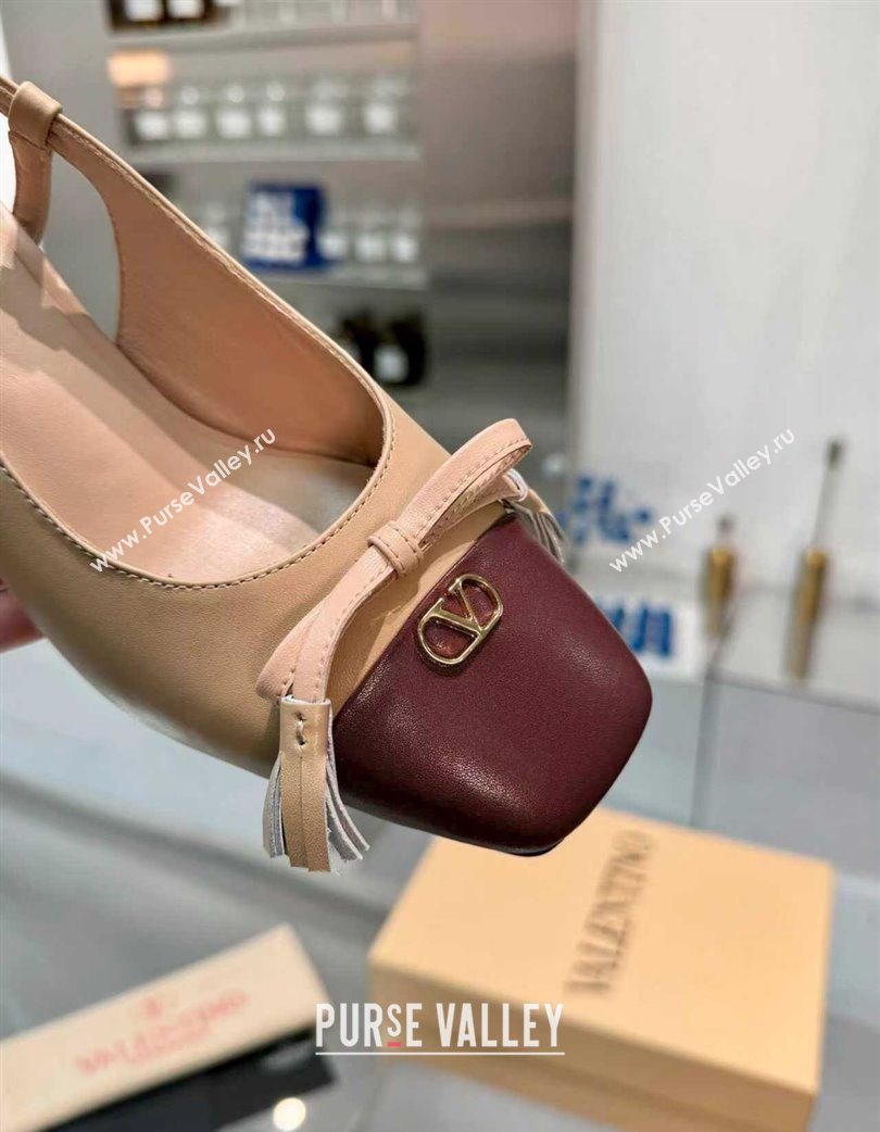 Valentino VALET DU ROI Slingbacks Pump 6cm in Calfskin Leather with Tassel Bow Beige/Dark Burgundy 2025 (XL-251215037)