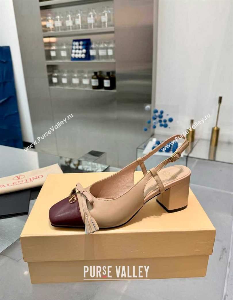 Valentino VALET DU ROI Slingbacks Pump 6cm in Calfskin Leather with Tassel Bow Beige/Dark Burgundy 2025 (XL-251215037)