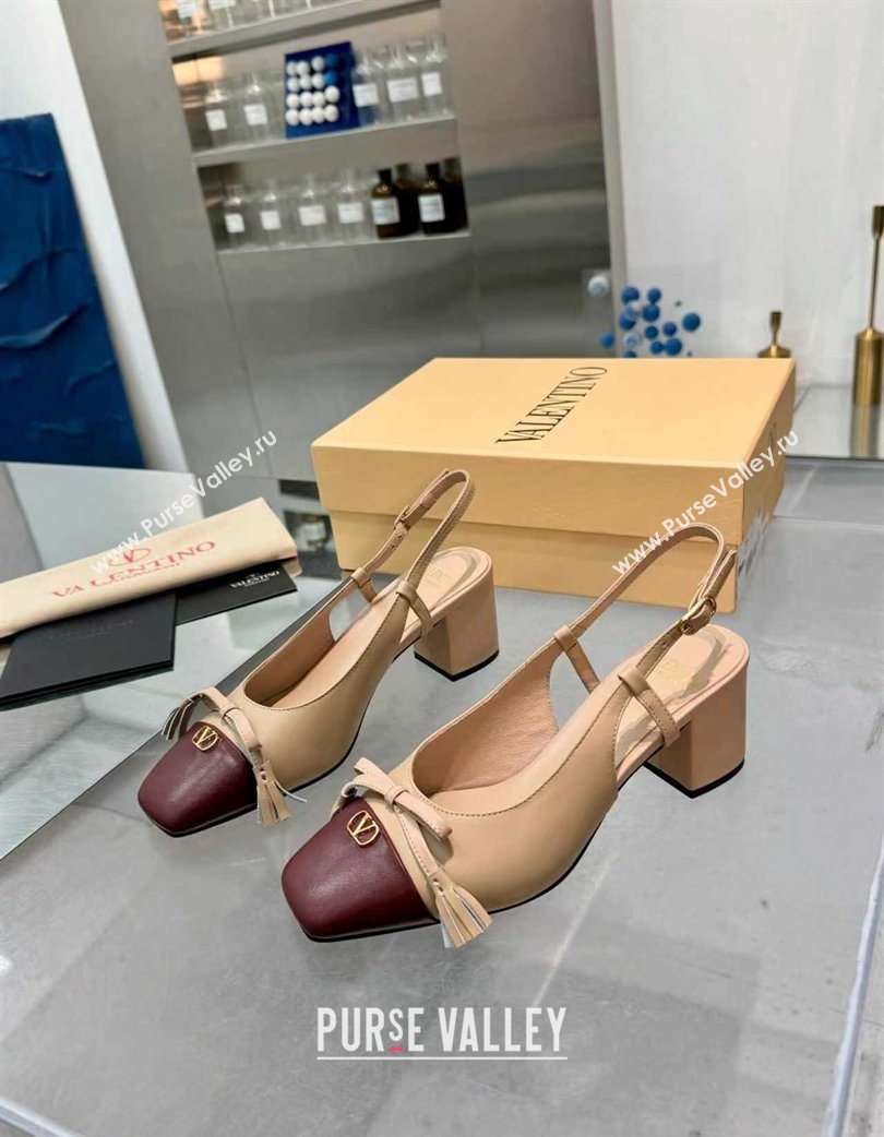 Valentino VALET DU ROI Slingbacks Pump 6cm in Calfskin Leather with Tassel Bow Beige/Dark Burgundy 2025 (XL-251215037)